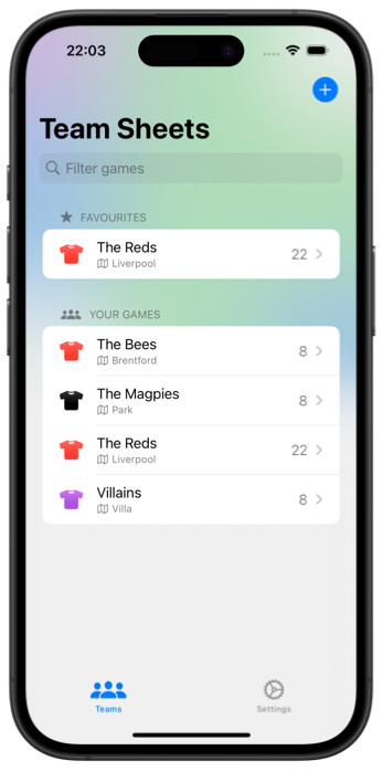 Team Sheets screenshot as displayed on an iPhone 14 Pro